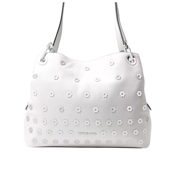 Michael Kors Handbags - Michael Kors White Leather Silver Floral Bristol Raven Studded Shoulder Bag Hobo
